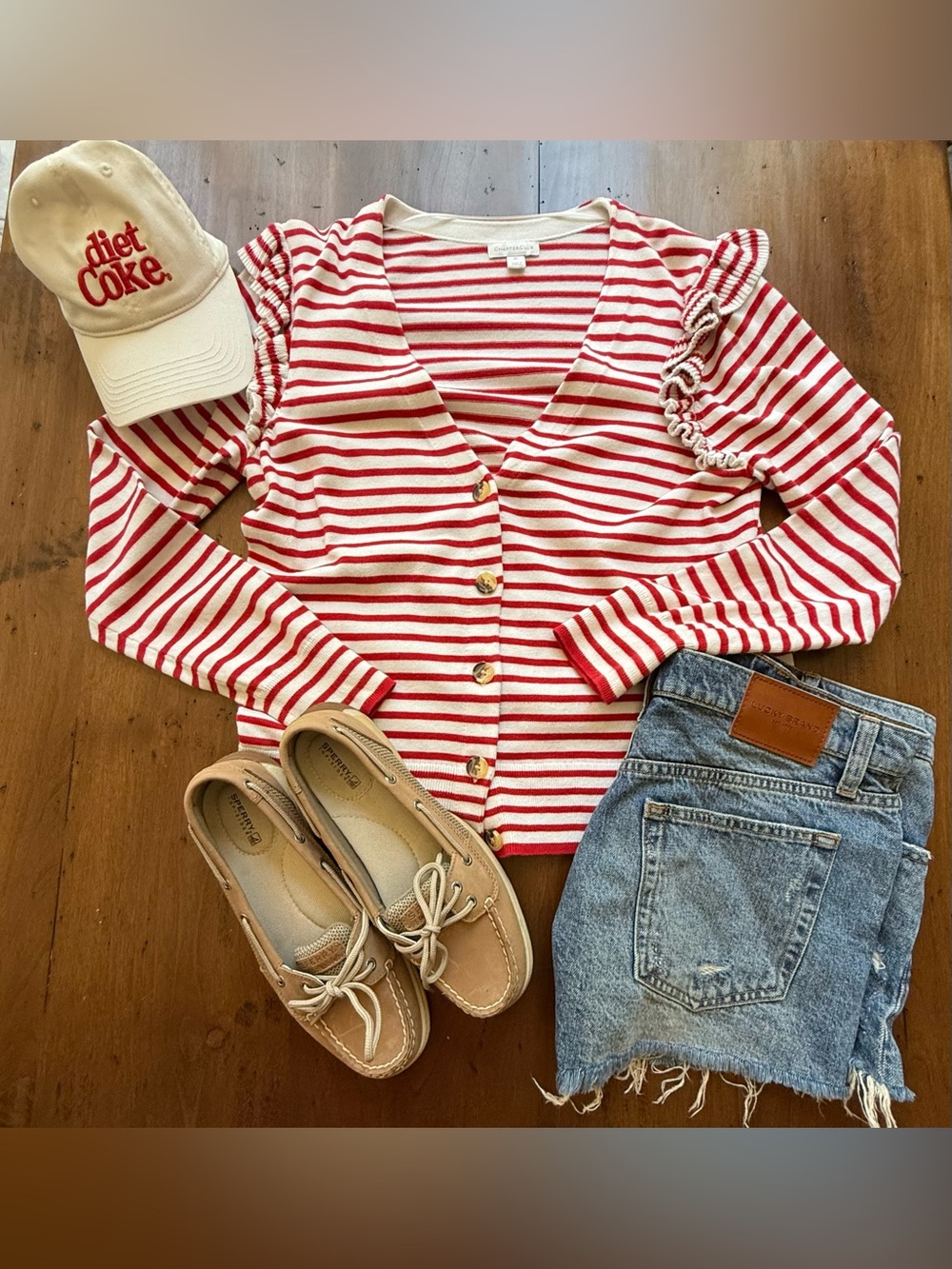 Nautical Coastal Yacht Club Sailing Red and White Striped Cardigan with Ruffles